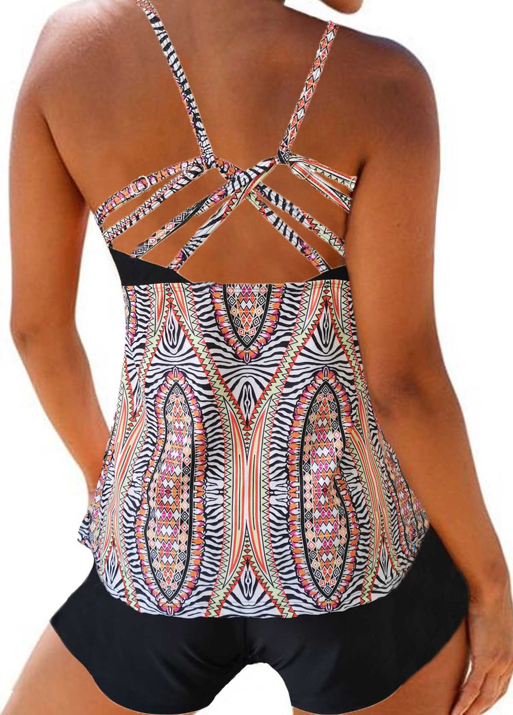 Strappy Back Printed Tankini Top and Shorts - fashionyanclothes