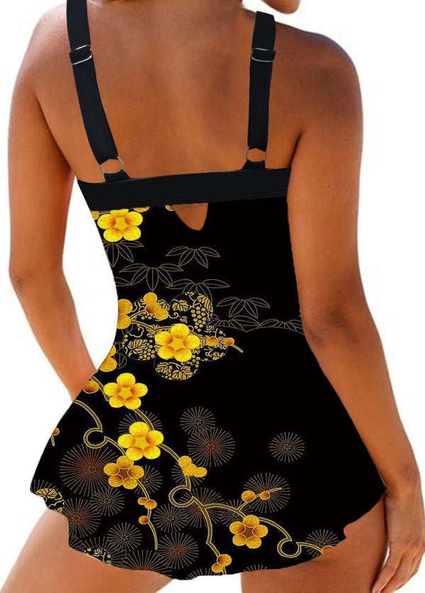 Black Printed Spaghetti Strap Swimdress - fashionyanclothes