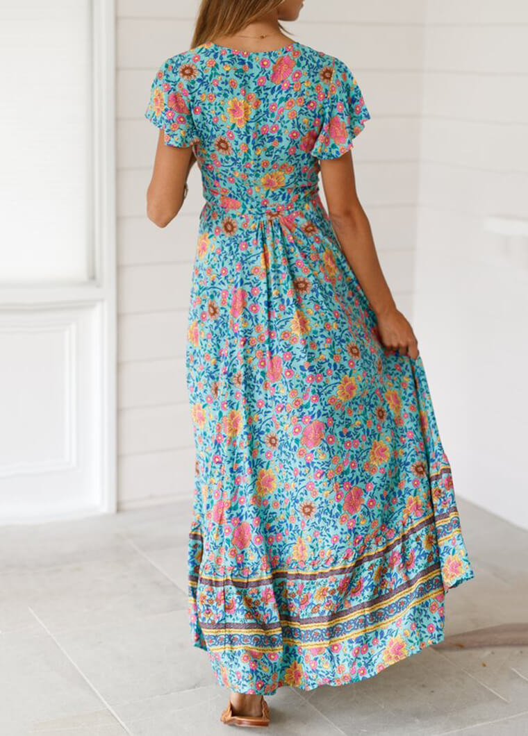 Flower Printed Elegant V Neck Dress