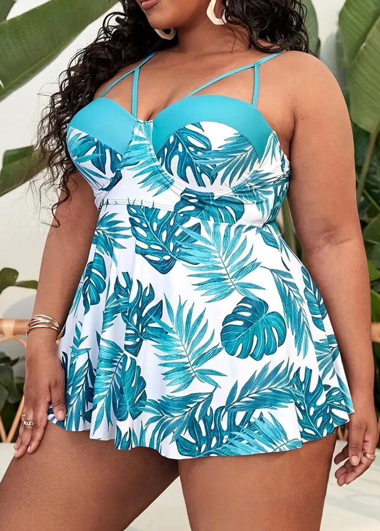 Plus Size Tropical Print Cut Out Swimdress